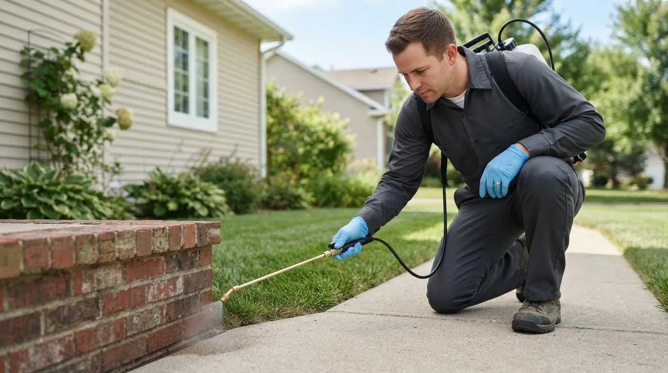 Pest control technician treating a home near Smithfield, OH